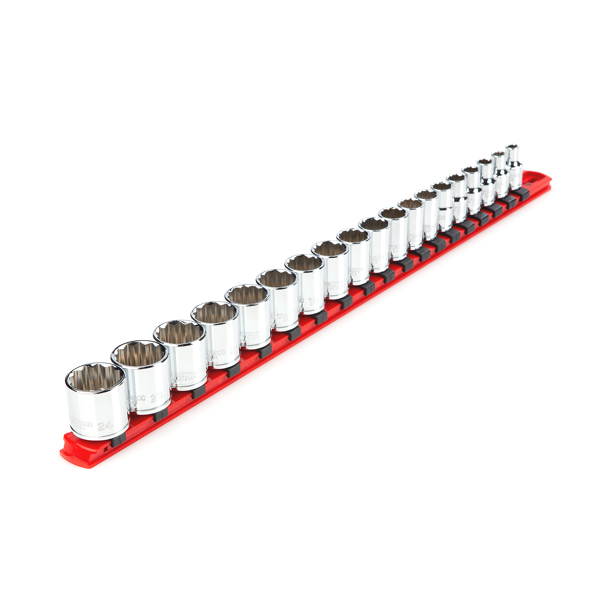 TEKTON 3/8 Inch Drive Shallow 12-Point Socket Set with Rail, 19-Piece (6 - 24 mm) | SHD91112